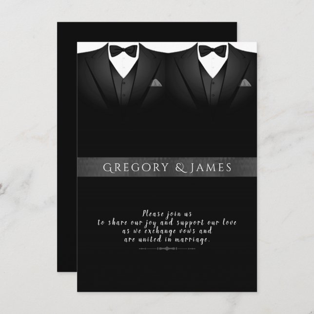 Formal Black and Grey Red Roses Gay Wedding Invitation (Front/Back)
