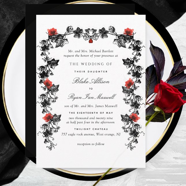 Formal Black and Red Victorian Gothic Wedding Invitation (Creator Uploaded)