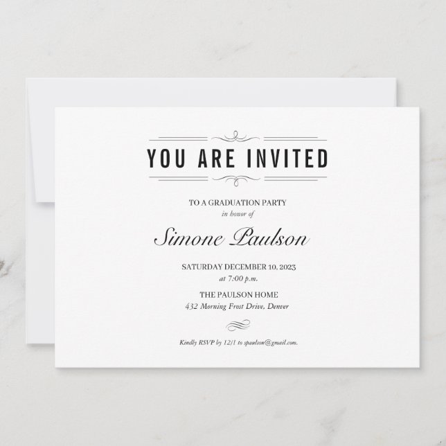 Formal Black and White Graduation Party Invitation (Front)