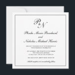 Formal Black and White Monogram Square Wedding Invitation<br><div class="desc">Traditional and classy square wedding invitation featuring a simple design with your two initial monogram and your names in an elegant calligraphy inside of a thin border.  The backside is solid black.  This classic black and white design is perfect for a formal wedding.</div>