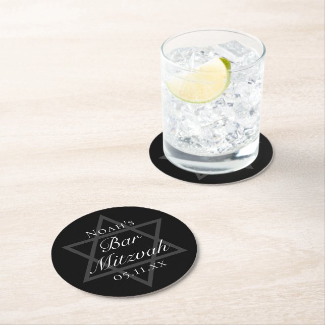 Formal Black Bar Mitzvah Star of David Custom Round Paper Coaster (Insitu)
