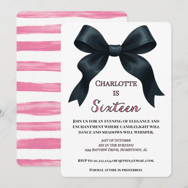 Formal Black Bow Halloween Invite - Pink Stripe (Front/Back)