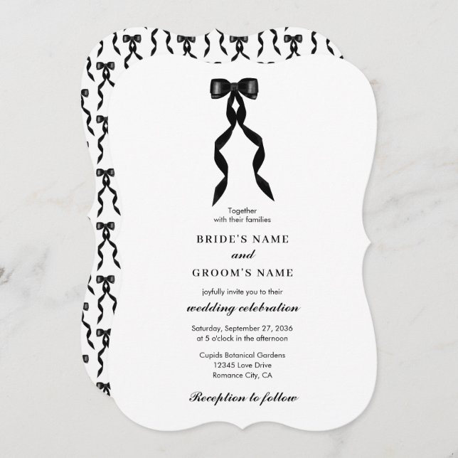 Formal Black Bow Ribbon Elegant Wedding Invitation (Front/Back)