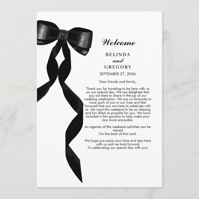 Formal Black Bow Ribbon Elegant Wedding Itinerary Programme (Front)
