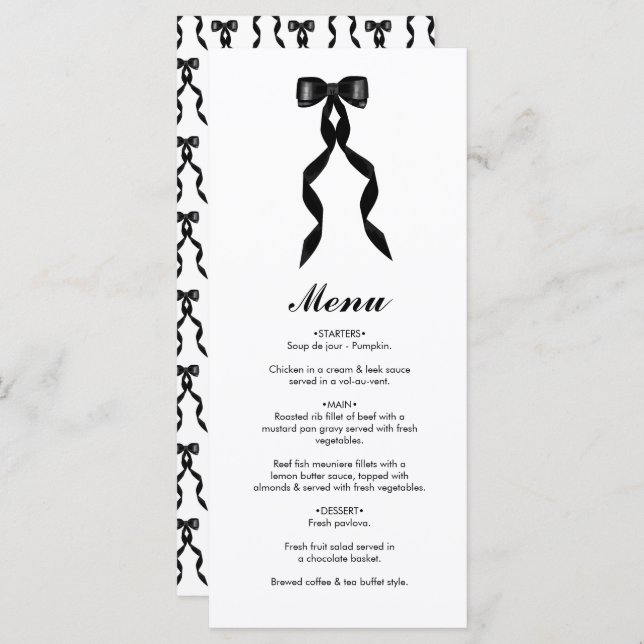 Formal Black Bow Ribbon Elegant Wedding Menu (Front/Back)