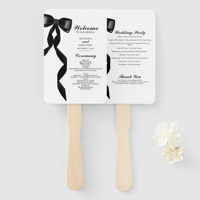 Formal Black Bow Ribbon Elegant Wedding Program Hand Fan (Front and Back)