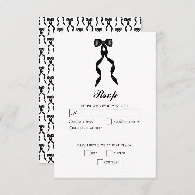 Formal Black Bow Ribbon Elegant Wedding RSVP Card (Front/Back)