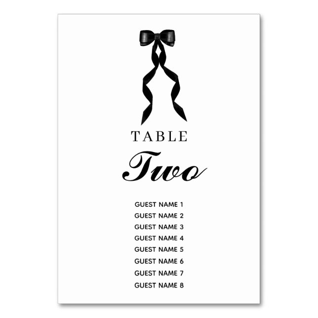 Formal Black Bow Ribbon Elegant Wedding Table Number (Front)