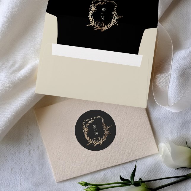 Formal Black & Cream Monogram Gold Wreath Wedding Classic Round Sticker (Creator Uploaded)