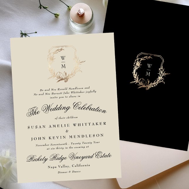Formal Black & Cream Monogram Gold Wreath Wedding Invitation (Creator Uploaded)