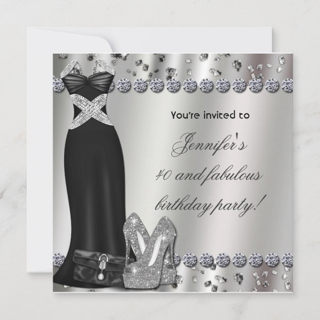 Formal Black Dress Silver Heels Party Invitation (Front)