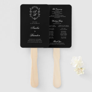Formal Black Floral Monogram Crest Wedding Program Hand Fan