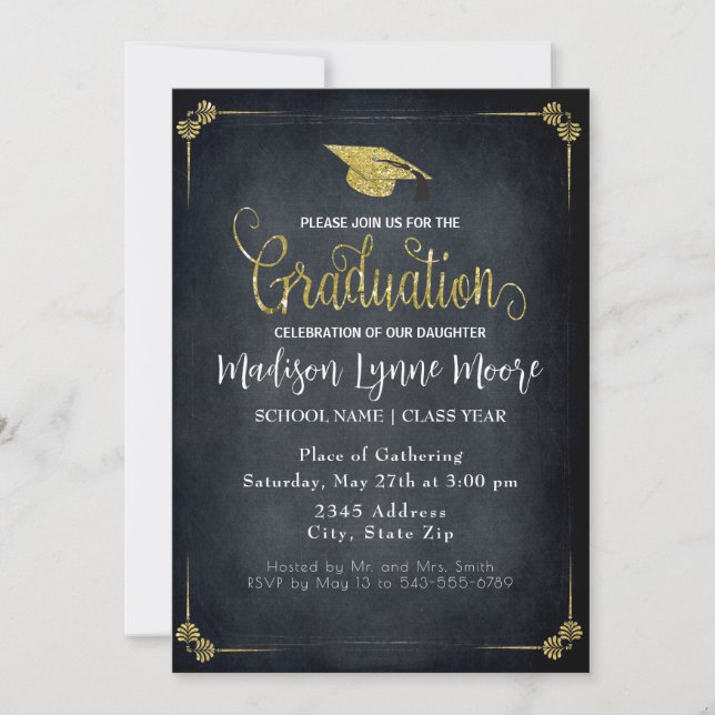 Formal Black/Gold Gaduation Party Invitation (Front)
