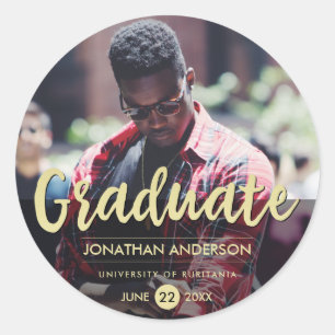 Formal Black & Gold Graduation Party   Photo Classic Round Sticker
