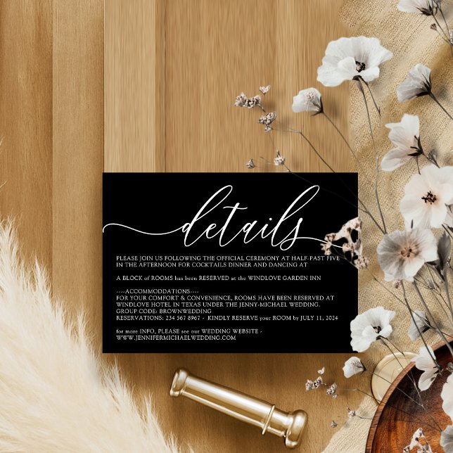 Formal Black Modern Wedding Accommodation Details Enclosure Card (Creator Uploaded)