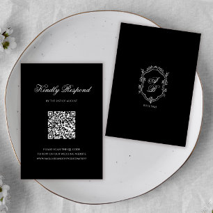 Formal Black QR Code Monogram Crest Wedding RSVP Card
