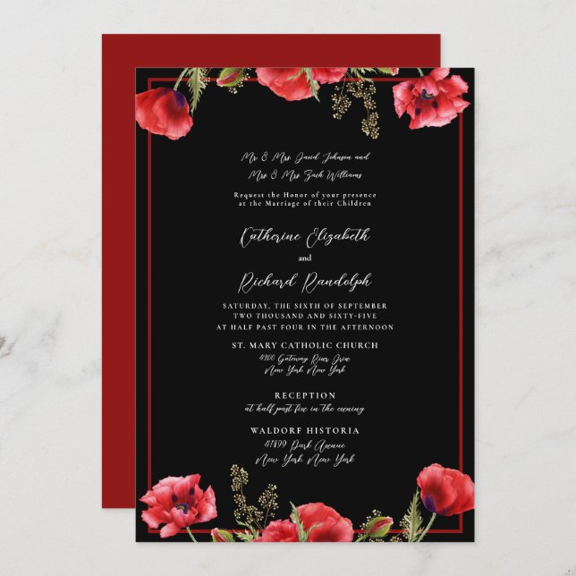 Formal Black & Red Floral Wedding Invitation (Front/Back)
