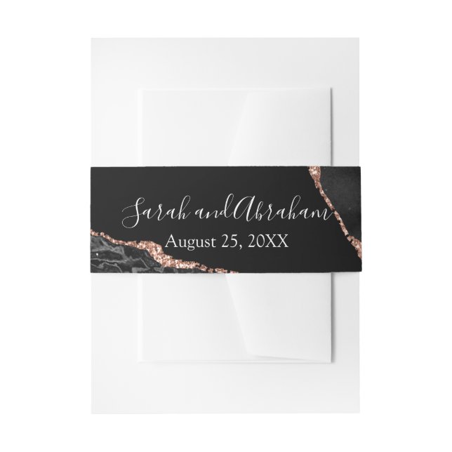 Formal Black Rose Gold Agate Glitter Wedding  Invitation Belly Band (Front Example)