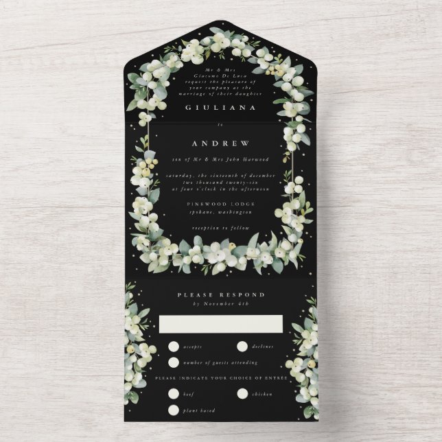 Formal Black Snowberry+Eucalyptus Winter Wedding All In One Invitation (Inside)