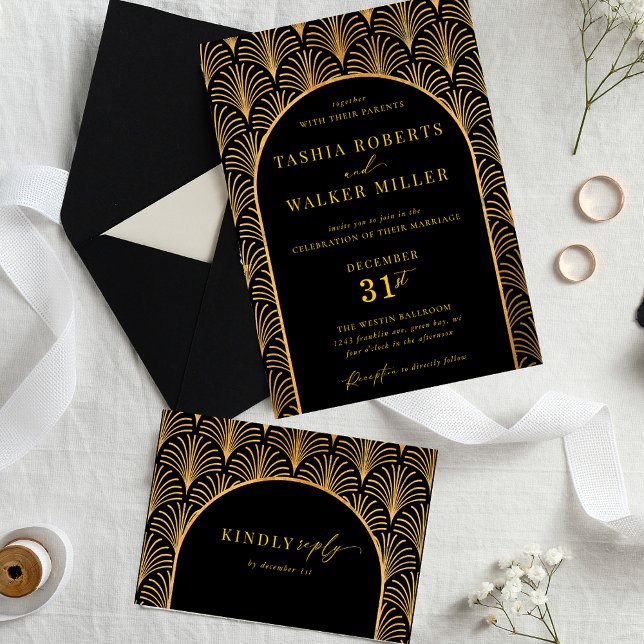 Formal Black Tie Gold Art Deco Black Wedding Invitation (Black and Gold Formal Black Tie Wedding Invitation)