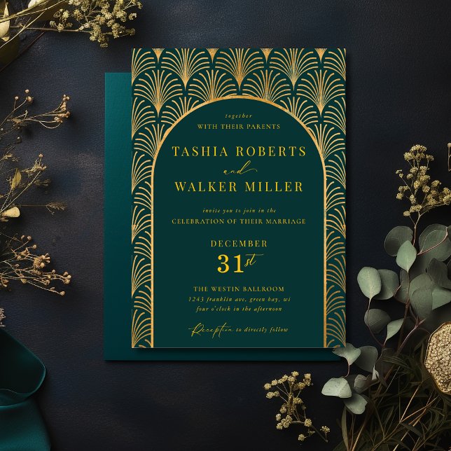 Formal Black Tie Gold Art Deco Forest Green Invitation (Forest and Gold Formal Black Tie Wedding Invitation)