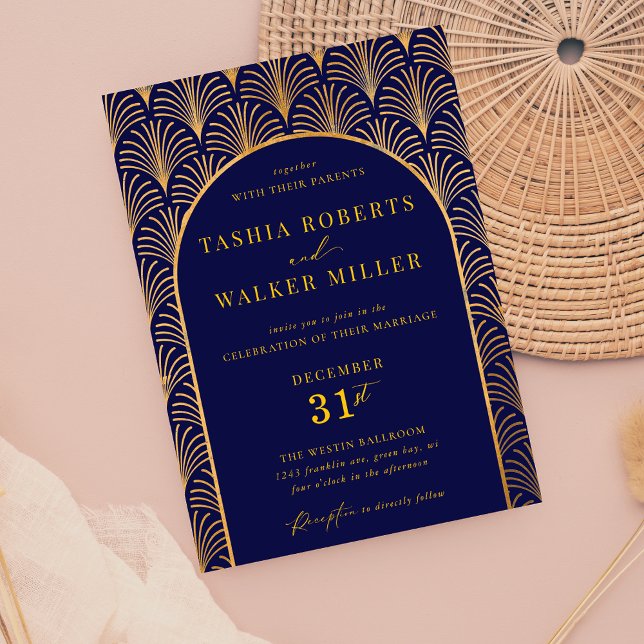 Formal Black Tie Gold Art Deco Navy Blue Wedding Invitation (Navy and Gold Formal Black Tie Wedding Invitation)