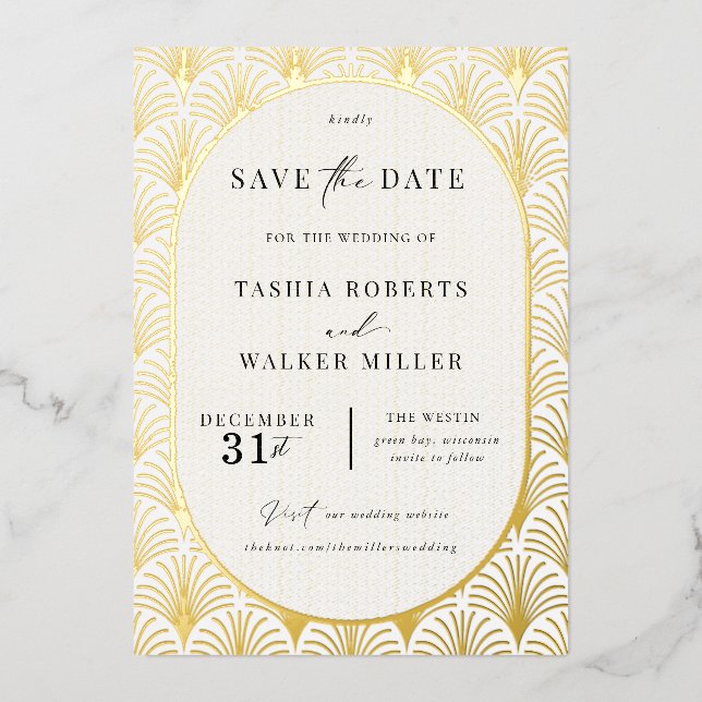 Formal Black Tie Gold Art Deco Save the Date (Front)