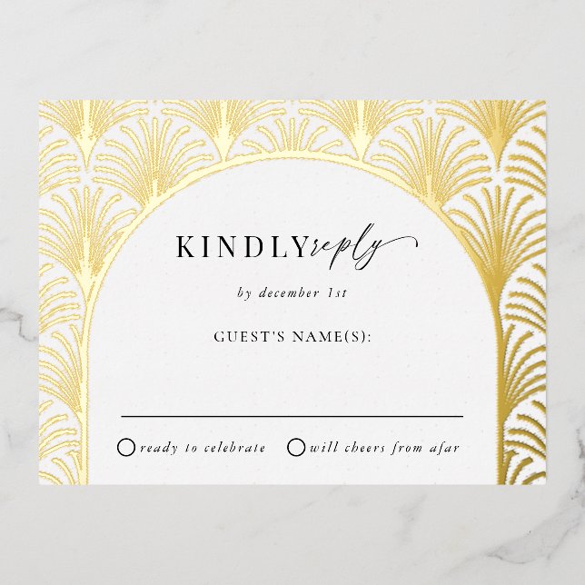 Formal Black Tie Gold Art Deco Wedding RSVP Foil Invitation Postcard (Front)