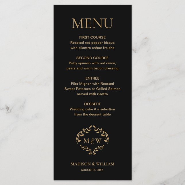 Formal black tie Wedding Crest Monogram Custom  Menu (Front)
