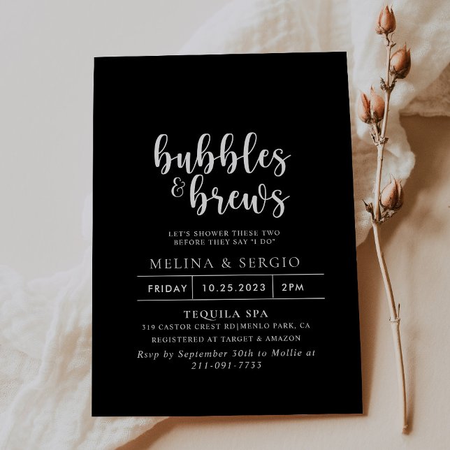 Formal Black White Bubbles & Brews Bridal shower  Invitation (Creator Uploaded)