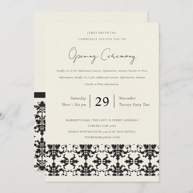 FORMAL BLACK WHITE DAMASK GRAND OPENING CEREMONY INVITATION (Front/Back)