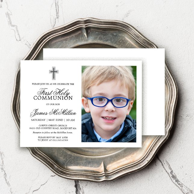 Formal Black White First Communion Photo Boy Invitation (Creator Uploaded)