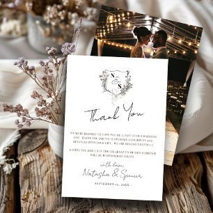 Formal Black & White Floral Crest Monogram Wedding Thank You Card