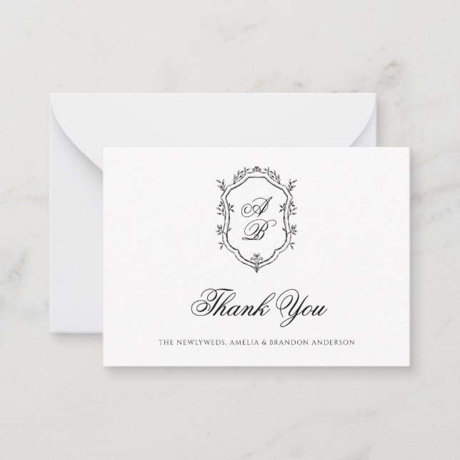 Formal Black & White Floral Monogram Crest Wedding Card (Front)