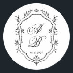 Formal Black & White Floral Monogram Crest Wedding Classic Round Sticker<br><div class="desc">Add a refined finishing touch to your wedding favours,  envelopes,  or gift bags with this elegant round sticker. Featuring a timeless black and white floral crest and personalised monogram,  it's the perfect detail for classic,  formal,  or traditional wedding themes.</div>