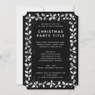Formal Black + White Holly Leaves Holiday Party Invitation