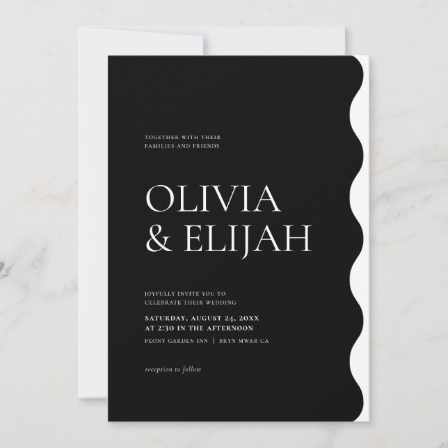 Formal Black & White Modern Wavy Wedding Invitation (Front)
