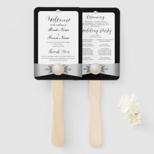 Formal Black & White Pearl Ribbon Wedding Program Hand Fan