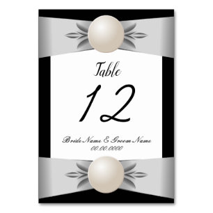 Formal Black & White Pearl Ribbon Wedding Table Number