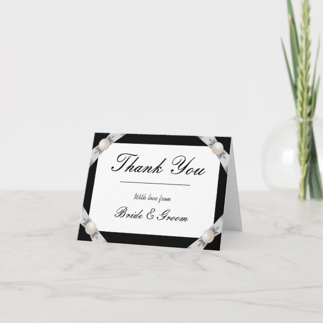 Formal Black/White Pearl Ribbon Wedding Thank You Card (Front)