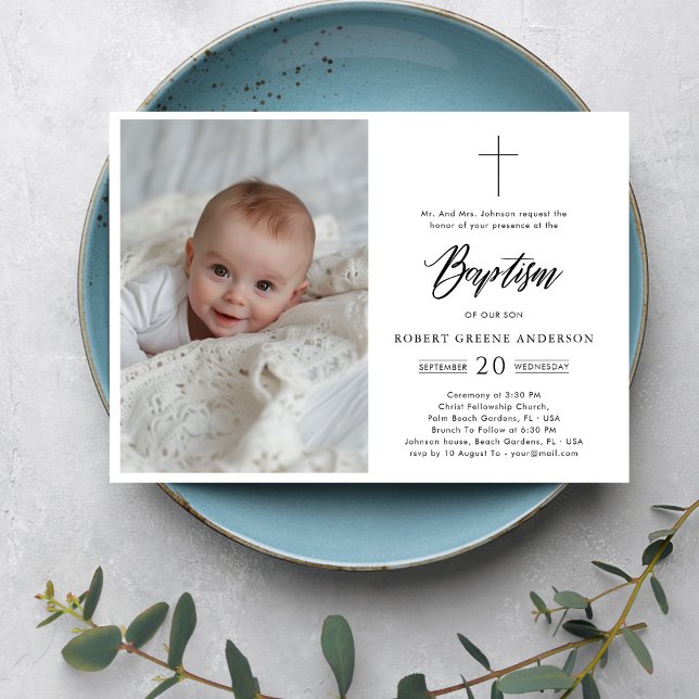 Formal Black & White Photo Infant Catholic Baptism Invitation (Creator Uploaded)