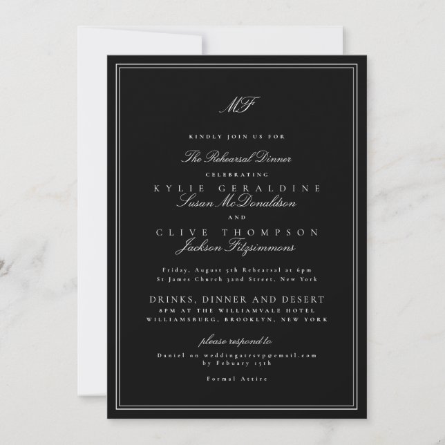 Formal Black & White Wedding Rehearsal Dinner Invitation (Front)