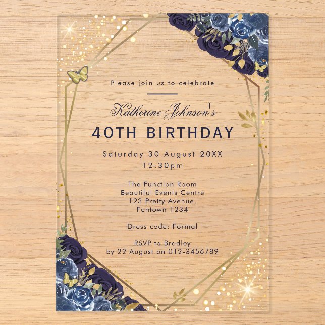 Formal Blue and Gold 40th Birthday Acrylic Invitations (Front)