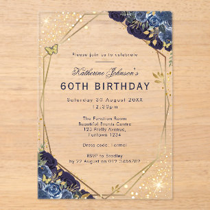Formal Blue and Gold 60th Birthday Acrylic Invitations