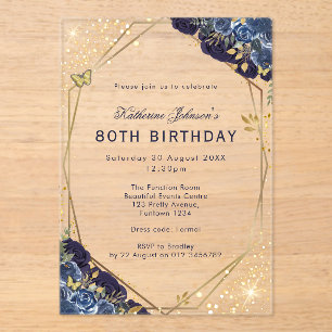 Formal Blue and Gold 80th Birthday Acrylic Invitations