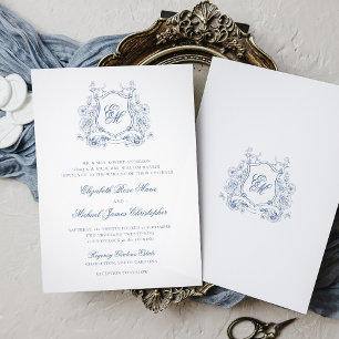 Formal Blue Floral Crest Monogram Elegant Wedding Invitation