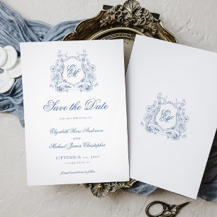 Formal Blue Floral Crest Monogram Elegant Wedding Save The Date