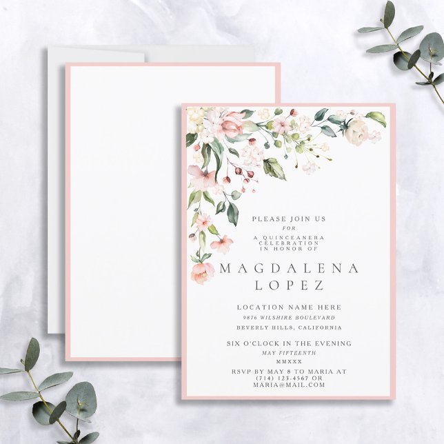 Formal Blush Pink Floral Watercolor Quinceañera Invitation (Creator Uploaded)