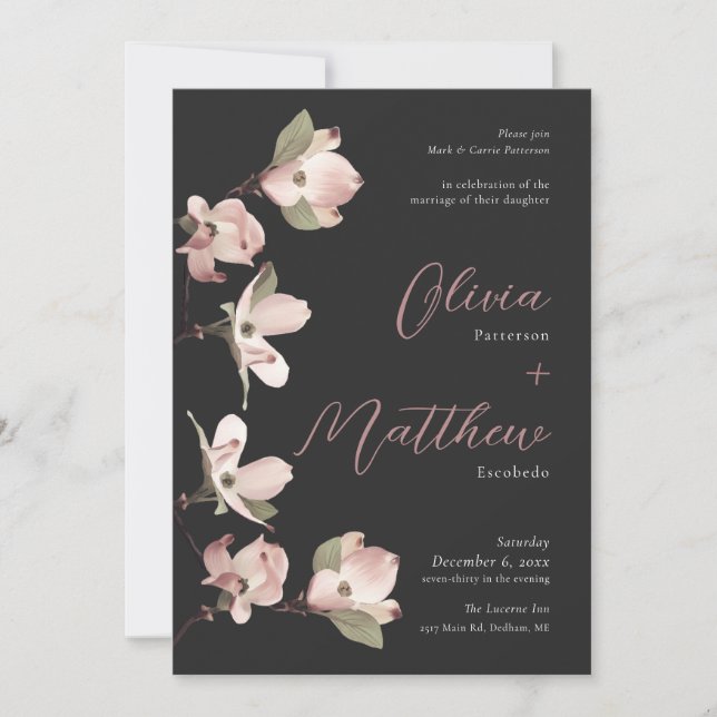 Formal Botanicial Dogwood Black Rose Invitation (Front)