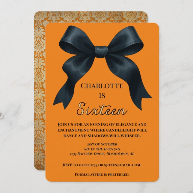 Formal Bow Halloween Birthday Invite - Orange (Front/Back)